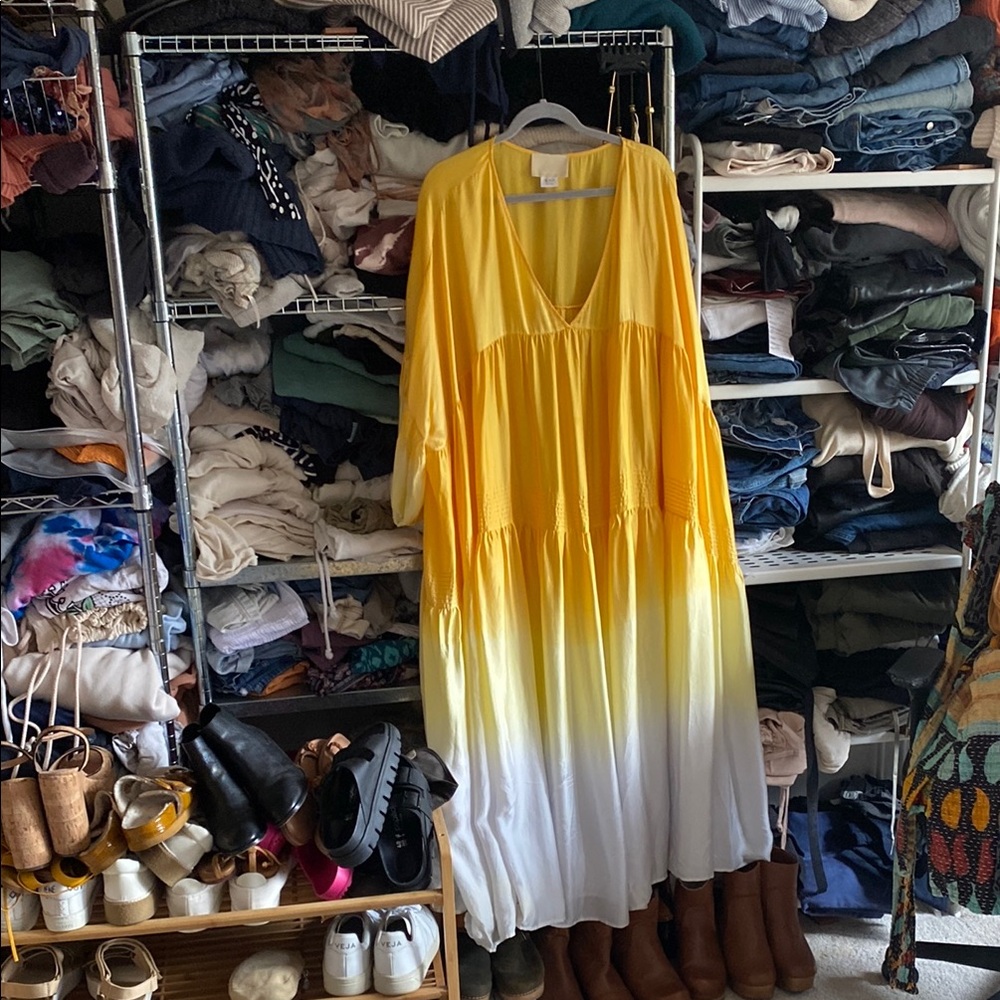 Yellow and White Long Sleeve V-Neck Sundress